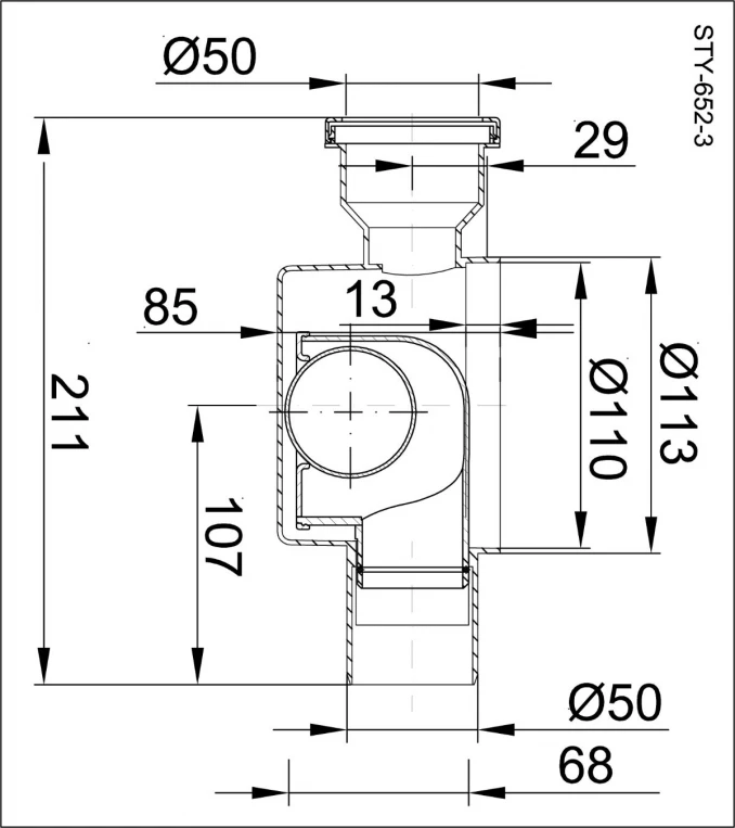 Slivnik STYRON horizontalni prolazni fi50 suvi