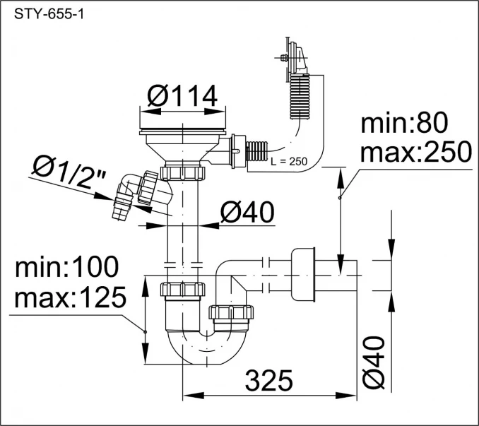 Sifon za sudoperu STYRON sa piletom Ø114mm  prelivom i prikljuckom za vm. Ø40