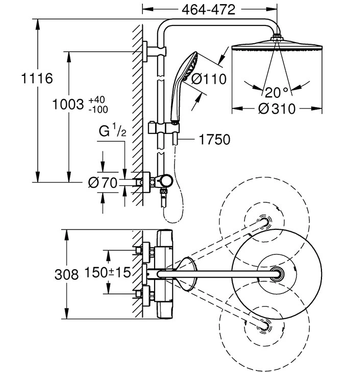 Baterija termostatska sa usponskim tusem Grohe EUPHORIA XXL 310 26075001