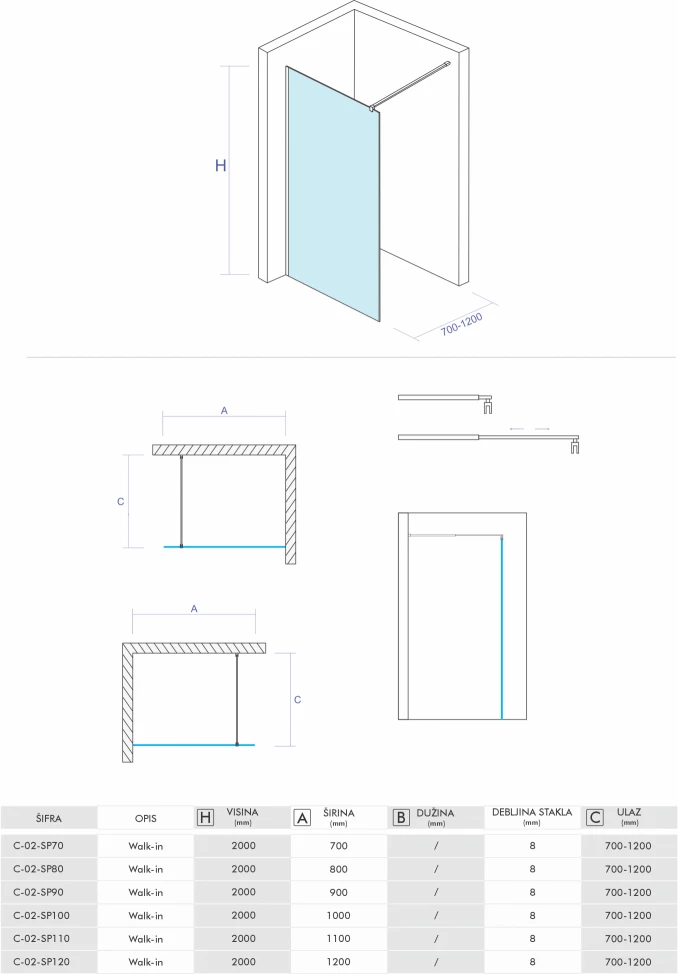 Walk-in CONCEPT PROJECT 700x2000 8mm staklo