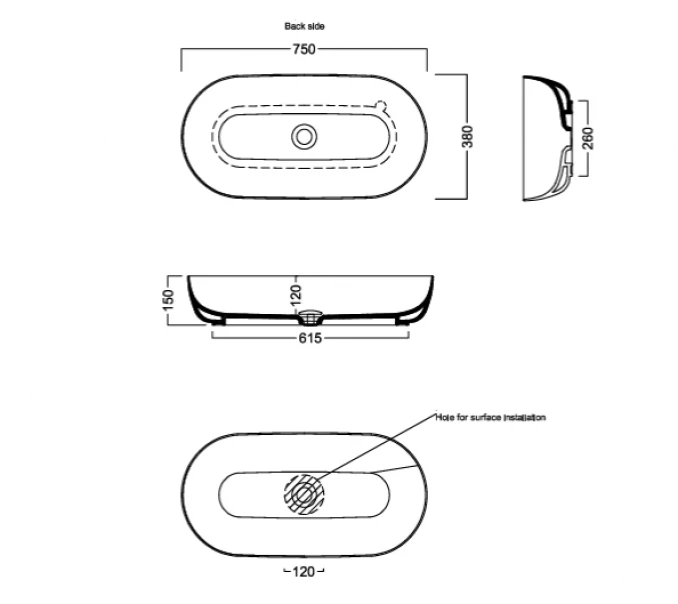 Lavabo nadgradni HATRIA HAPPYHOUR SLIM 21:00 750x380x150 black matt
