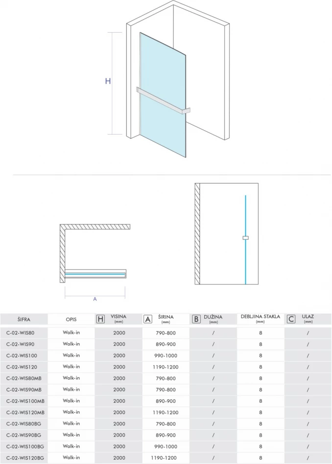 Walk-in COPEN MONTE SUPERIORE 1000x2000. 8mm staklo. polica i držač hrom