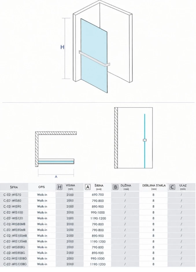 Walk-in COPEN MONTE SUPERIORE 800x2000. 8mm staklo. polica i držač hrom
