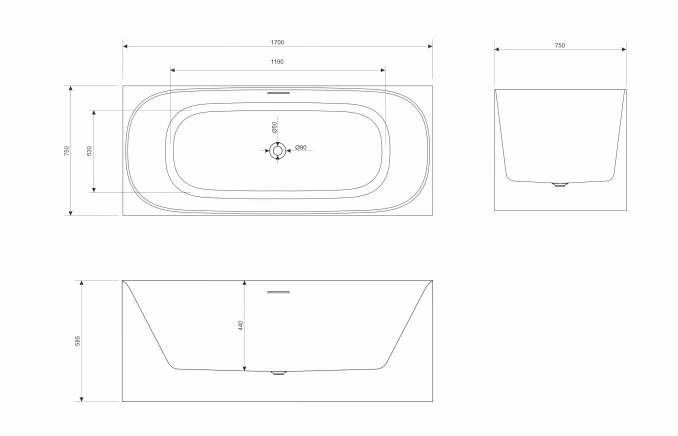 Kada samostojeća COPEN INGRID 1700x750x585mm mat crna/mat bela