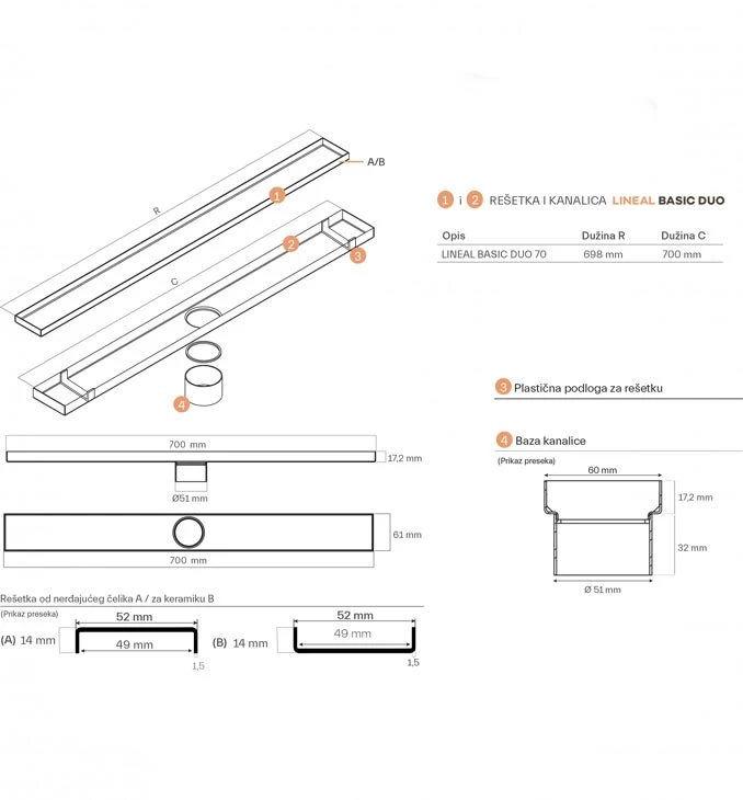 Revestech Linear Basic Duo 70 cm kupatilska tuš kanalica sa 3m2 membrane