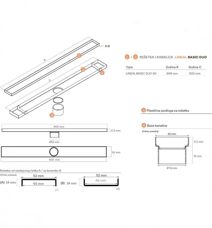 Revestech Linear Basic Duo 90 cm kupatilska tuš kanalica sa 3m2 membrane