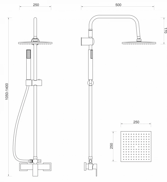 Baterija za tuš MINOTTI QUADRA NEW sa komplet usponskim tušem ruža 250x250