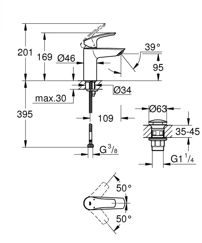 Baterija za lavabo GROHE EUROSMART S ''click'' mat crna