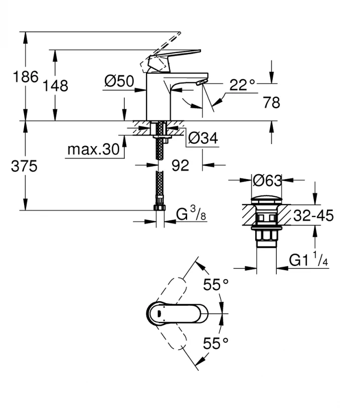 Baterija za lavabo GROHE EUROSMART COSMOPOLITAN S ''click''