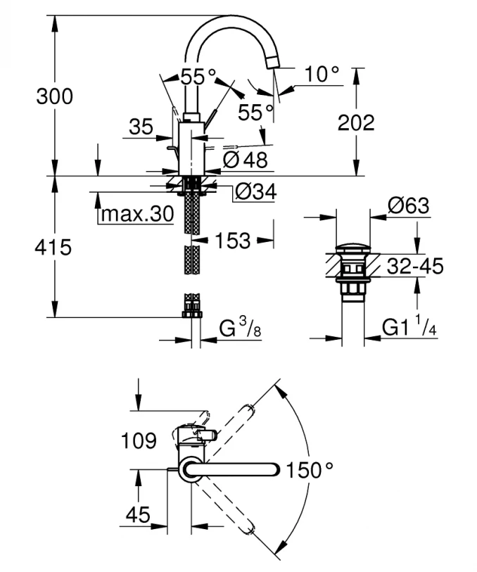 Baterija za lavabo GROHE EUROSMART COSMOPOLITAN L ''click''