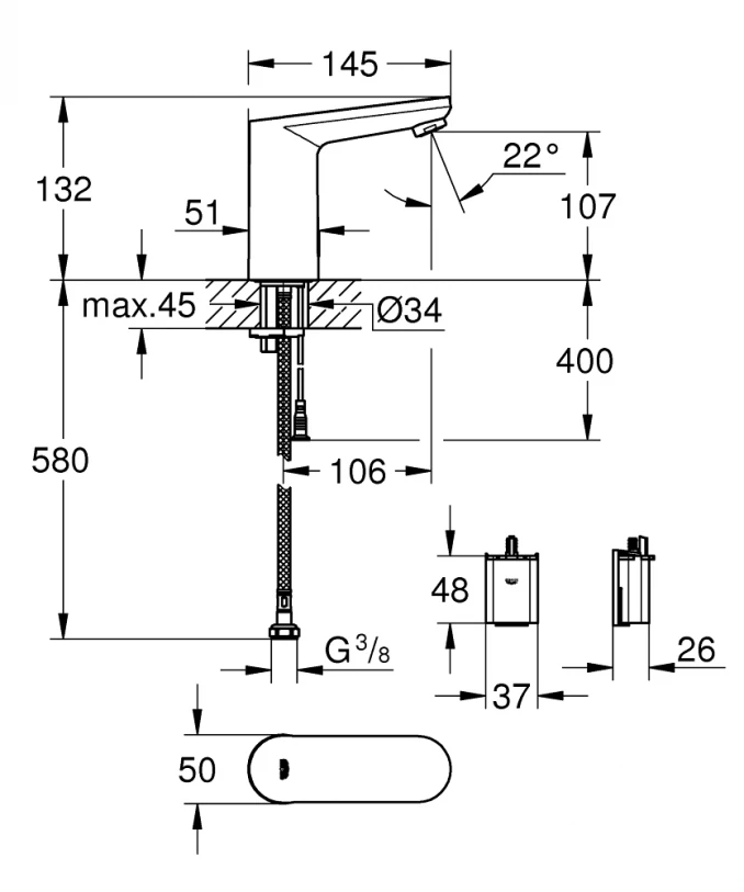 Senzorska baterija za lavabo GROHE EUROSMART COSMOPOLITAN E baterijsko napajanje