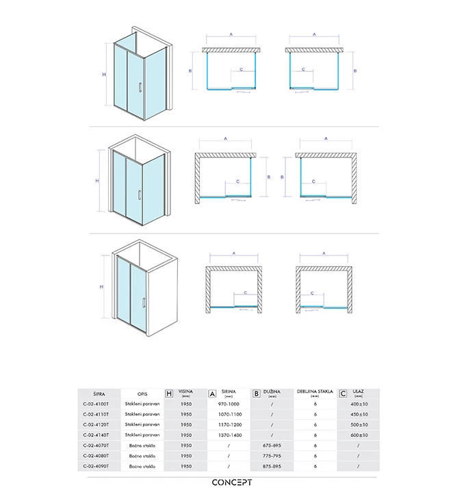 Stakleni paravan COPEN ATLAS BLACK 1100x1950 transparentno staklo 6mm crni mat ram C-02-B4110T