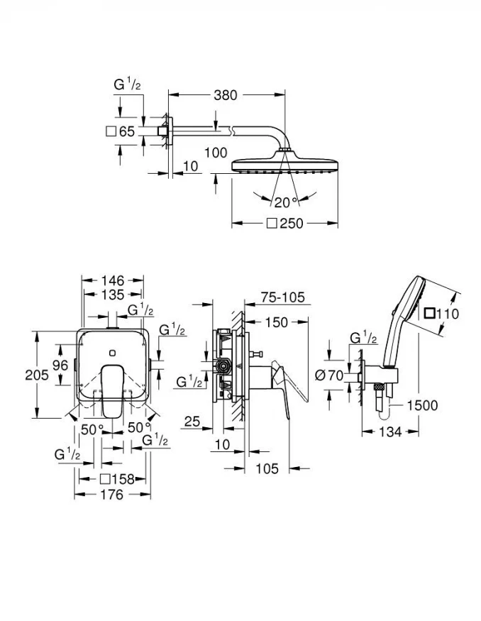 Ugradni set GROHE CUBEO sa Tempesta tušem 250mm cube