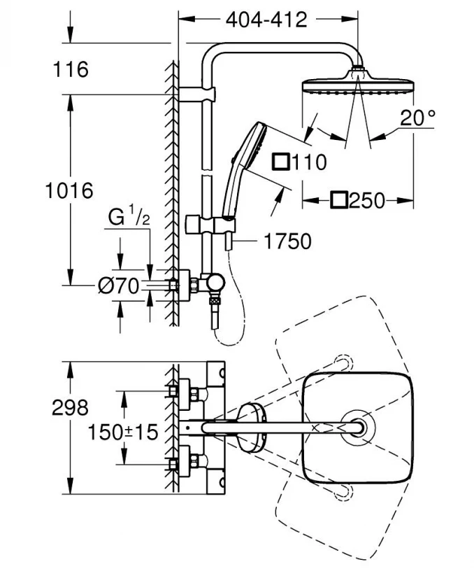 Termostatska baterija sa usponskim tušem GROHE TEMPESTA SYSTEM 250 CUBE