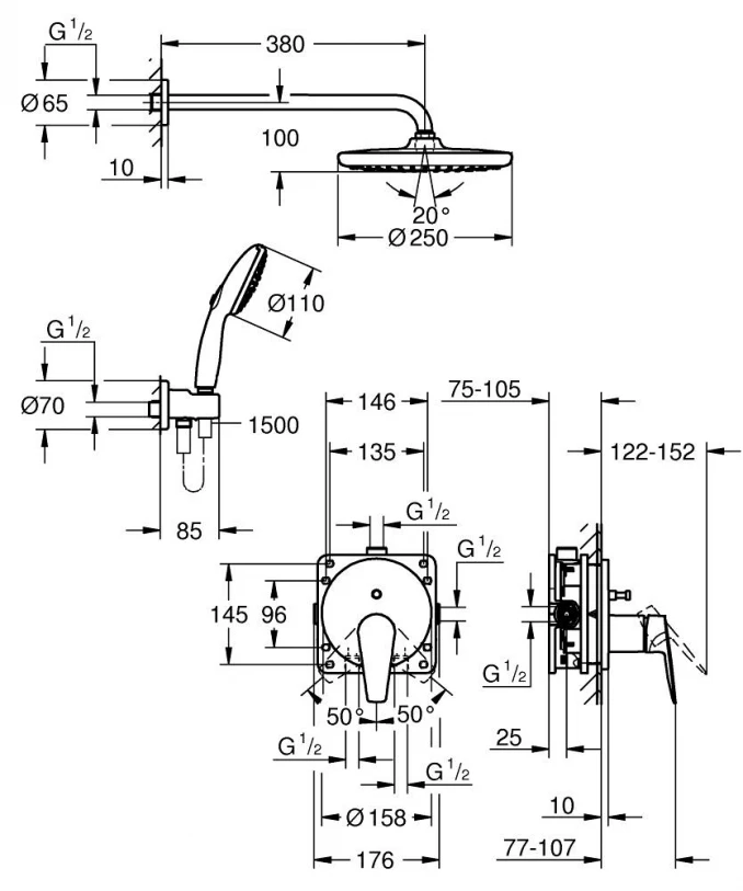 Ugradni set GROHE BAUEDGE sa Tempesta tušem 250mm 2F