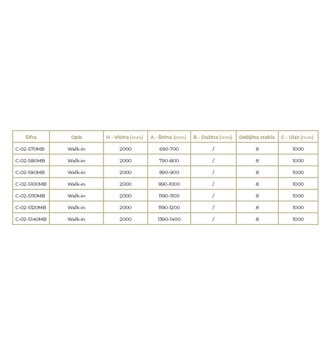 Walk-in COPEN MONTE 1100x2000 8mm staklo. mat crni