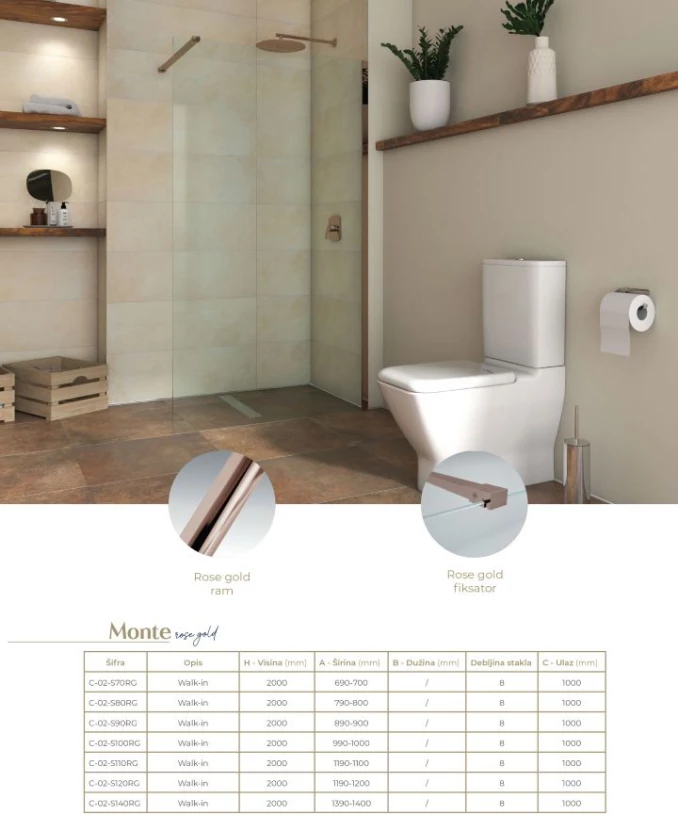 Walk-in COPEN MONTE 900x2000 8mm staklo. rose gold
