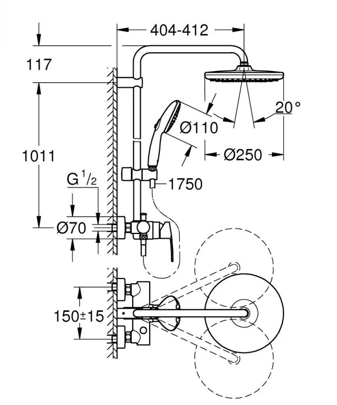 Baterija sa usponskim tušem GHROHE TEMPESTA SYSTEM 250