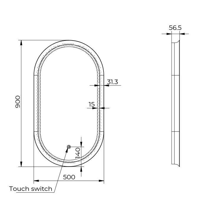 Ogledalo COPEN 500x900 sa alu ramom 56.5mm LED zlatno
