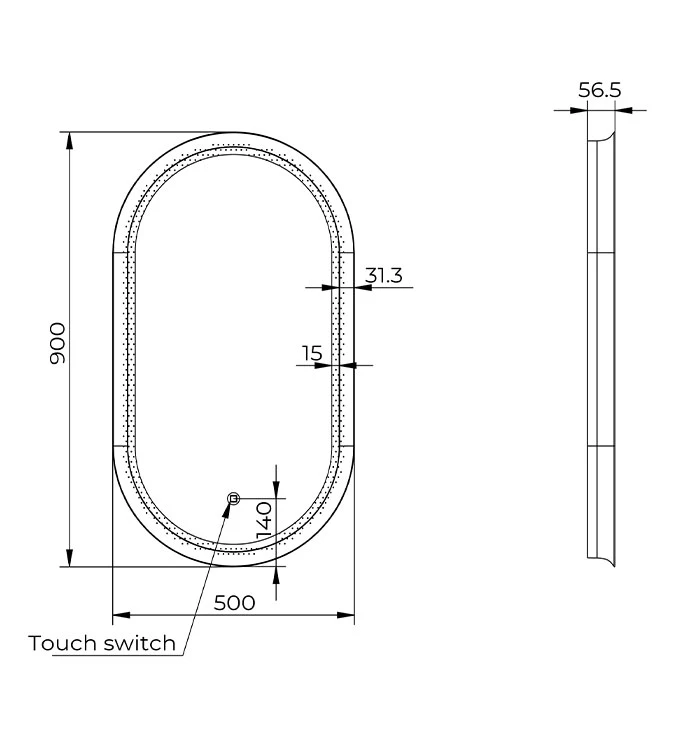 Ogledalo COPEN 500x900 sa alu ramom 56.5mm LED gunmetal