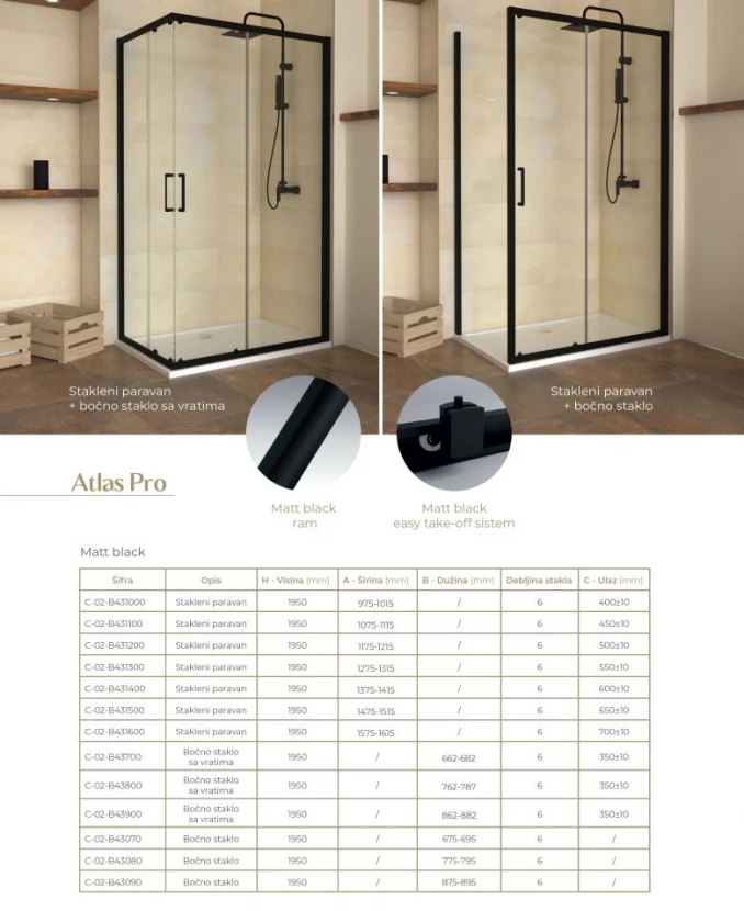 Tuš kabina ATLAS PRO 140x90cm staklo 6mm mat crna