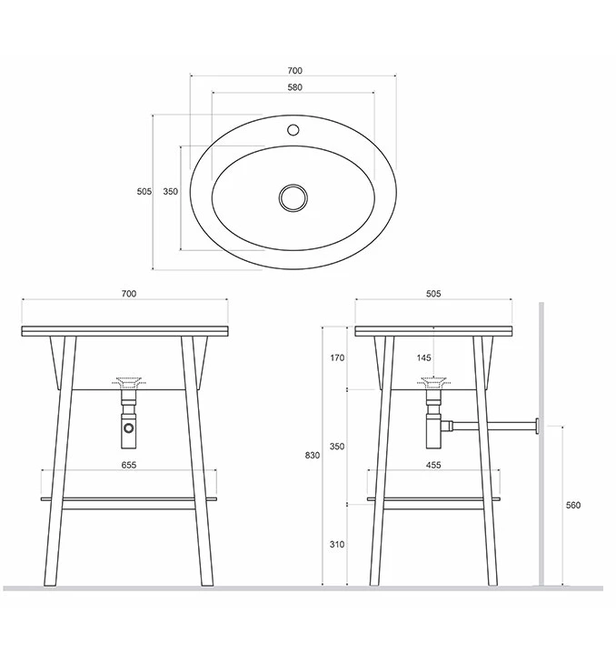 Lavabo COPEN sa postoljem i policom 700x500x825 i otvorom za slavinu matt white