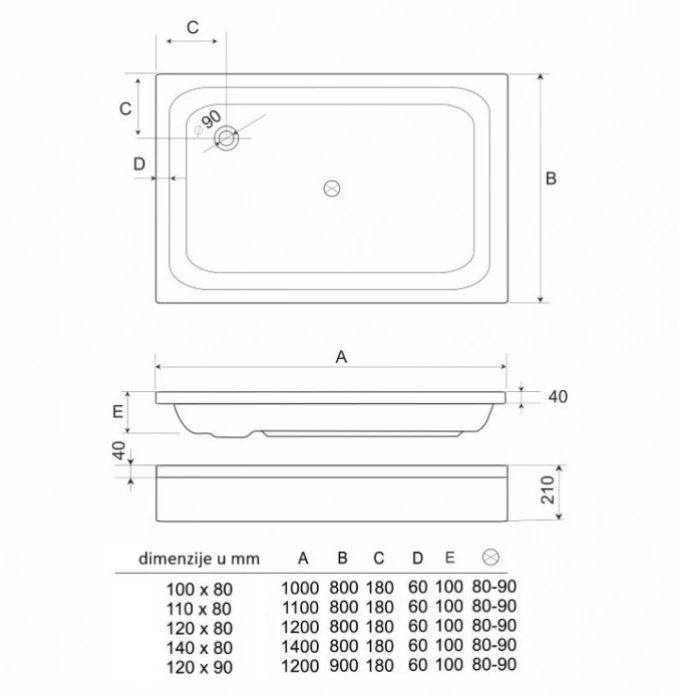 Tuš kadica COPEN LUNA 1200x800 sa demontažnom maskom desna