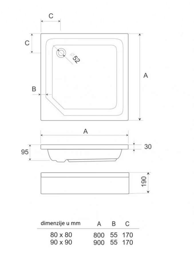 Tuš kadica COPEN LUNA 800x800 sa demontažnom maskom