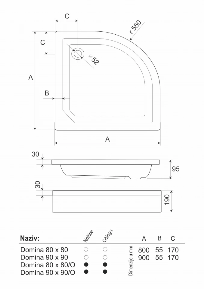 Tuš kadica COPEN LUNA R900 sa demontažnom maskom
