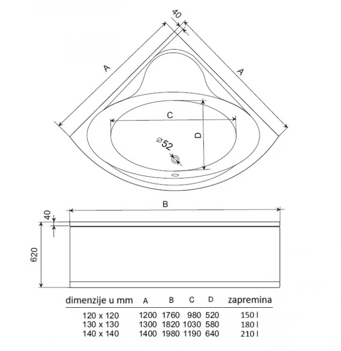 Kada COPEN LYRA 130x130 ugaona komplet sa oplatom