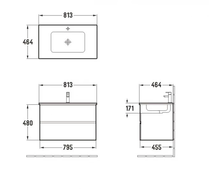 Toaletni ormarić UNILINE LUMA 800 sa lavaboom. soft close dve fioke 813x464x480