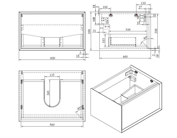 Toaletni ormarić COPEN KELLY 600x460x350mm natural wood/matt white