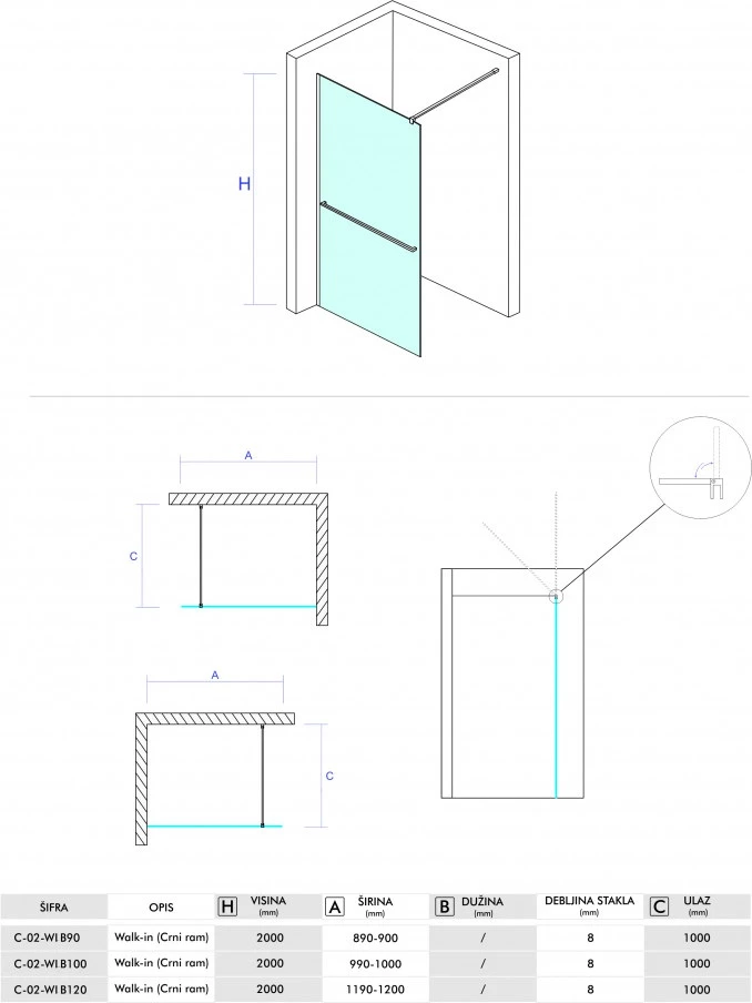 Walk-in COPEN MONTE PLUS 100x200cm crni mat ram 8mm staklo i držač peškira