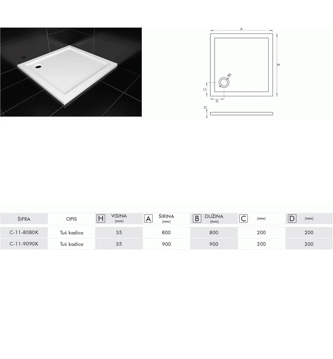 Tuš kadica COPEN SOLILUX 900x900x40 bez sifona