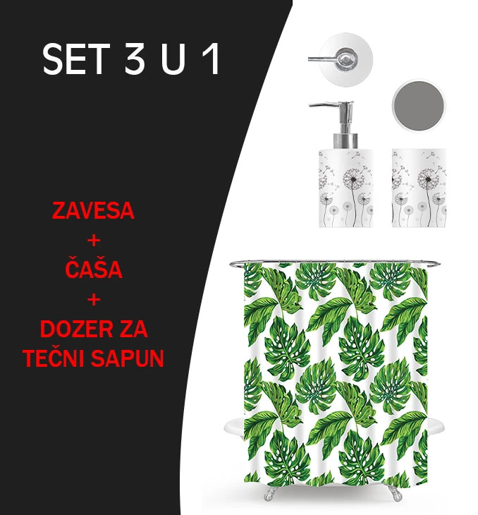 Kupatilski set MINOTTI sa zavesom, čašom i dozerom tropic MKS002